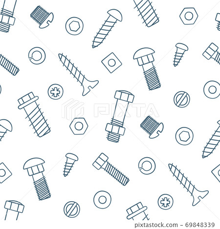 Seamless pattern of fasteners. Bolts, screws and nuts in doodle style. Hand drawn building material. 69848339