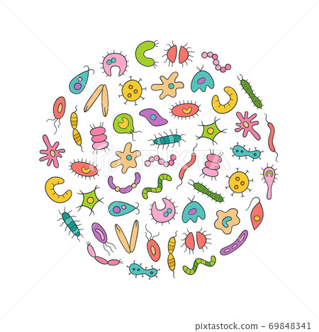 Microbes, virus, bacterias and pathogen icons colorful set. Collection of abstract vector germs Microbes, virus, bacterias and pathogen icons colorful set. Collection of abstract vector germs 69848341