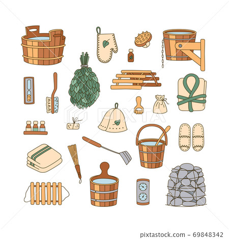 Sauna accessories - washer, broom, tub, bucket, towel and other. Bath accessories made of wood. 69848342