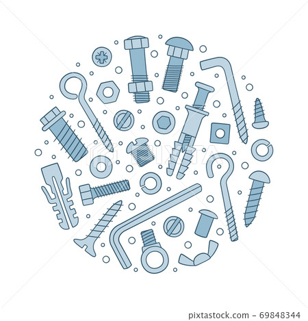 Set of fasteners. Bolts, screws, nuts, dowels and rivets in doodle style. Hand drawn building material. Set of fasteners. Bolts, screws, nuts, dowels and rivets in doodle style. Hand drawn building material. 69848344