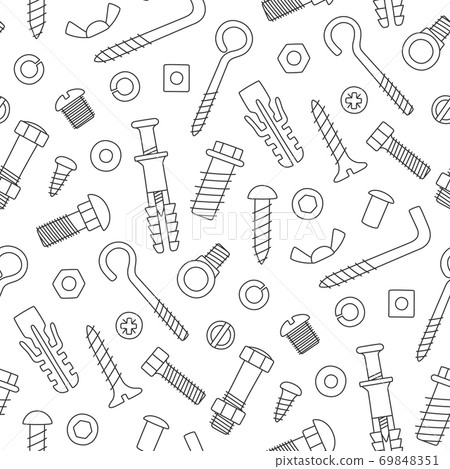 Seamless pattern of fasteners. Bolts, screws, nuts, dowels and rivets in doodle style. Hand drawn building material. Seamless pattern of fasteners. Bolts, screws, nuts, dowels and rivets in doodle style. Hand drawn building material. 69848351