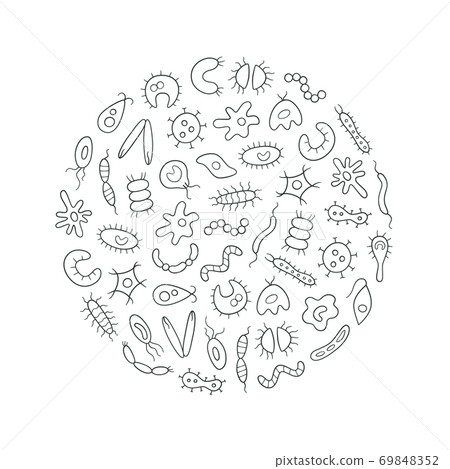 Microbes, virus, bacterias and pathogen icons colorful set. Collection of abstract vector germs Microbes, virus, bacterias and pathogen icons colorful set. Collection of abstract vector germs 69848352