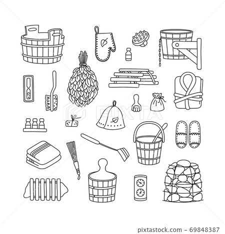 Sauna accessories - washer, broom, tub, bucket, towel and other. Bath accessories made of wood. Sauna accessories - washer, broom, tub, bucket, towel and other. Bath accessories made of wood. 69848387