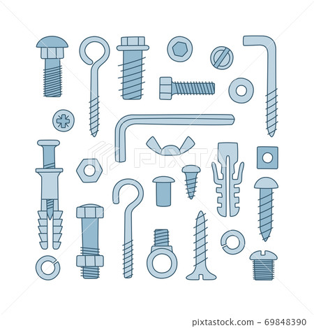 Set of fasteners. Bolts, screws, nuts, dowels and rivets in doodle style. Hand drawn building material. 69848390