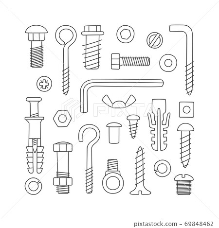 Set of fasteners. Bolts, screws, nuts, dowels and rivets in doodle style. Hand drawn building material. Set of fasteners. Bolts, screws, nuts, dowels and rivets in doodle style. Hand drawn building material. 69848462