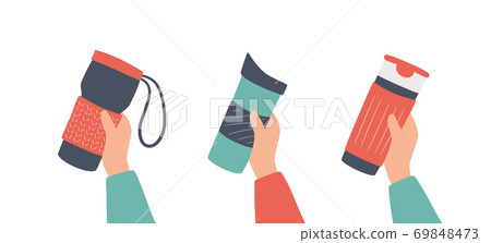 Reusable cups, thermo mug and tumblers with cover for take away hot coffee or tea. Hand drawn object. Vector 69848473