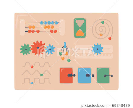 Kid busyboard. Children board for Montessori games. Education logic toys for preschool kids. 69848489