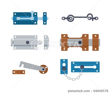 Set of metal gate latchs, door bolts, hooks and chain. Steel safety hardware. Vector 69848576