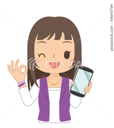 一個女人抱著一個好的跡象的智能手機的插圖 一個女人抱著一個好的跡象的智能手機的插圖 69849794