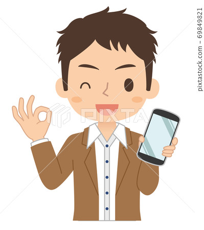 Illustration of a man holding a smartphone with an OK sign Illustration of a man holding a smartphone with an OK sign 69849821