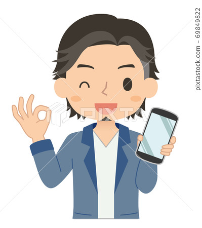 一個男人抱著一個好的跡象的智能手機的插圖 一個男人抱著一個好的跡象的智能手機的插圖 69849822