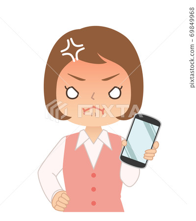 Illustration of a woman holding a smartphone with an angry red face 69849968