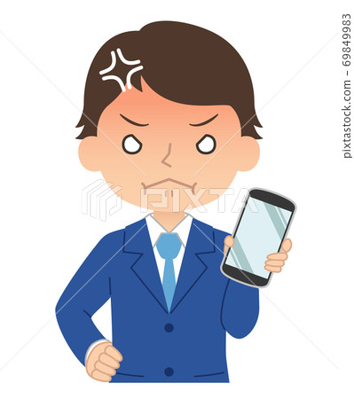 一個人拿著一張智能手機，一張生氣的紅臉的插圖 69849983