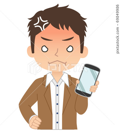 一個人拿著一張智能手機，一張生氣的紅臉的插圖 69849986