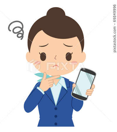Illustration of a woman holding a smartphone with a worried face 69849996