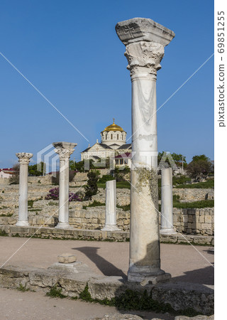 Ruins of the ancient Greek city of Chersonesos and St. Vladimir Cathedral on the Crimean Peninsula Ruins of the ancient Greek city of Chersonesos and St. Vladimir Cathedral on the Crimean Peninsula 69851255