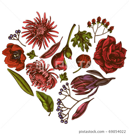 Heart floral design with colored viburnum, hypericum, tulip, aster, leucadendron, amaryllis 69854022