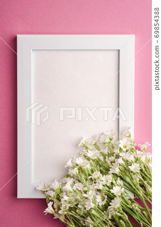 White empty photo frame mockup with mouse-ear chickweed flowers on pink purple background, top view copy space 69854388