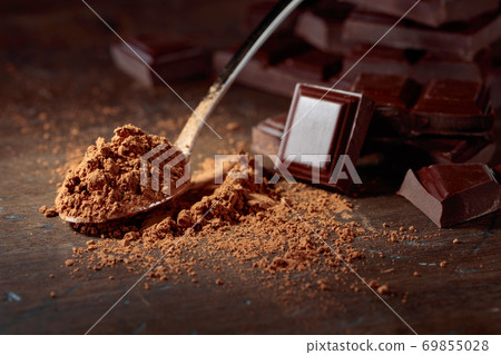 Broken  chocolate pieces and cocoa powder . 69855028