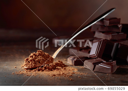 Broken  chocolate pieces and cocoa powder . 69855029