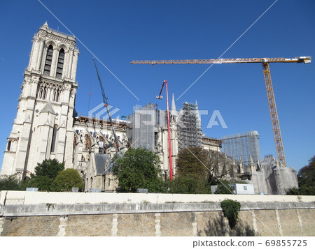 Notre Dame Cathedral under restoration work in Paris, France 69855725