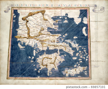 Greece old map from rare medieval book Geography by Claudius Ptolemy published in 1480. Greece old map from rare medieval book Geography by Claudius Ptolemy published in 1480. 69857101