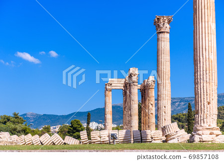 Zeus temple with fallen column, majestic old classical Greek ruins in Athens, Greece. Zeus temple with fallen column, majestic old classical Greek ruins in Athens, Greece. 69857108