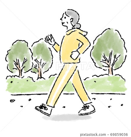 Walking senior woman outdoor watercolor hand-painted 69859036