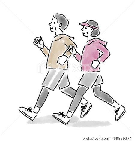 Running couple middle age outdoor watercolor hand-painted Running couple middle age outdoor watercolor hand-painted 69859374