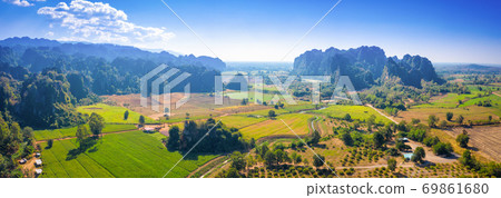 Aerial view of Limestone mountain and rice field 69861680