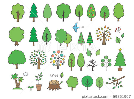 Hand-drawn illustrations of various trees (color) 69861907
