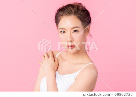 Beautiful young asian woman with clean fresh skin on pink background, Face care, Facial treatment, Beautiful young asian woman with clean fresh skin on pink background, Face care, Facial treatment, 69862723