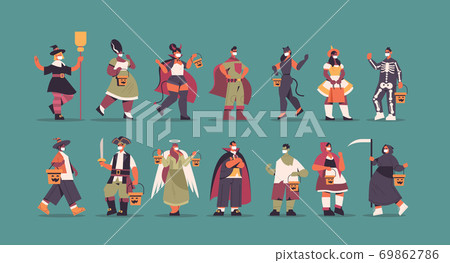 set mix race people in different costumes standing together happy halloween party celebration concept 69862786