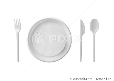 Plastic plate, spoon, fork and knife isolated on white background. 69863146