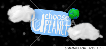 Plasticine Earth planet handmade, clouds and sticker with ecology text on black background with white stars bokeh. Ecology Concept for Earth Hour, Earth Day, Ocean Day and other ECO dates. Plasticine Earth planet handmade, clouds and sticker with ecology text on black background with white stars bokeh. Ecology Concept for Earth Hour, Earth Day, Ocean Day and other ECO dates. 69863149