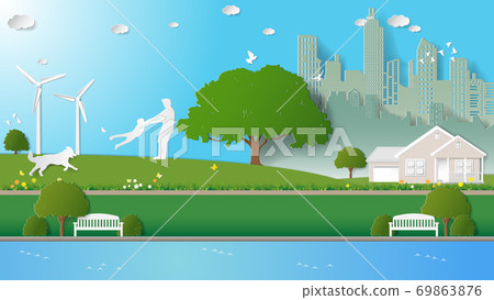 Recreation of father and son in the parks near city 69863876