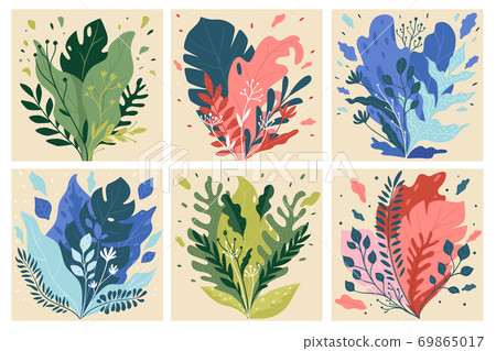 Flora and foliage, vibrant leafage and leaves vector 69865017