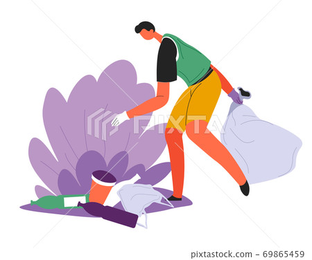 Eco activist or volunteer collecting litter in bushes Eco activist or volunteer collecting litter in bushes 69865459