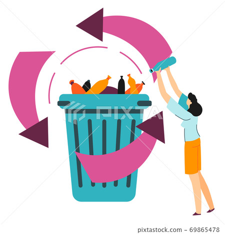 Plastic waste recycling process, bin with litter and arrows 69865478