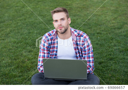 Create connection with your audience. Vlogger use computer green grass Create connection with your audience. Vlogger use computer green grass 69866657