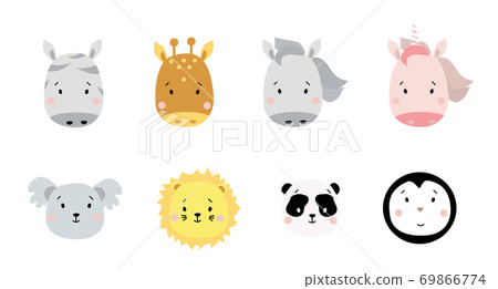 Cute simple animal portraits. A set of colored portraits of exotic animals - zebra and giraffe, horse and unicorn, koala and lion, panda and penguin. For kids decor, print, design and textiles. Vector Cute simple animal portraits. A set of colored portraits of exotic animals - zebra and giraffe, horse and unicorn, koala and lion, panda and penguin. For kids decor, print, design and textiles. Vector 69866774