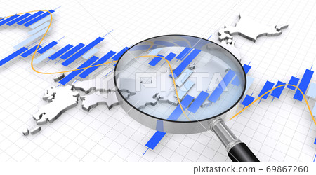 Analyze economic charts and maps of Japan with magnifying glass 69867260
