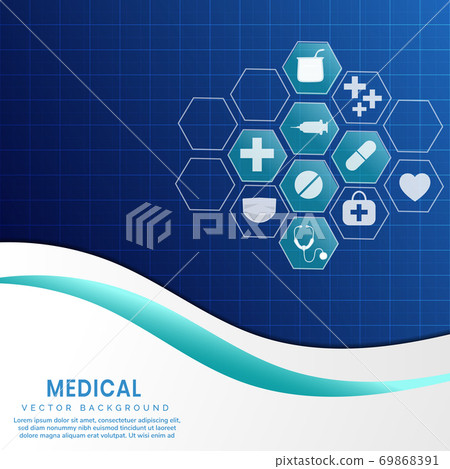 Medical background of hexagon icon pattern on grid dark blue background. Medical background of hexagon icon pattern on grid dark blue background. 69868391