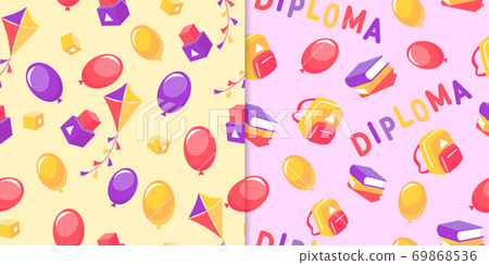 School holidays and graduation seamless pattern. Red and purple balloons with kites yellow backpacks with book. 69868536