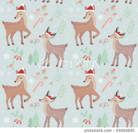 Merry christmas seamless pattern. Cute fawn in winter forest repeating texture.Little deer wearing santa claus hat, snowflakes endless background. Vector illustration 69868695