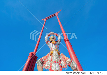 Art culture Thailand Dancing in masked khon, Pantomime show display, at The Giant Swing or Sao Ching Cha monument, Bangkok City, Thailand. 69869739