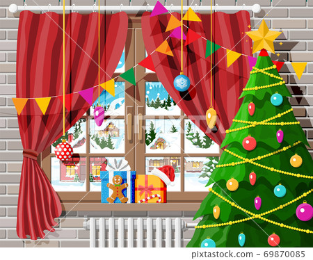 Cozy interior of room with christmas tree. Cozy interior of room with christmas tree. 69870085