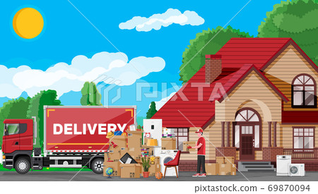 Moving to new house. Family relocated to new home. 69870094