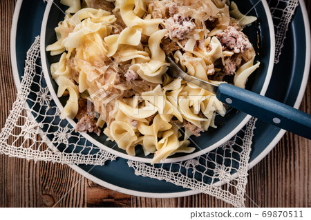 Pasta with sauerkraut and meat. Pasta with sauerkraut and meat. 69870511