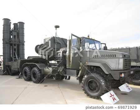 Rostov-on-Don, Russia - August 28, 2020: Launcher S400 "Triumph" at a military training ground Rostov-on-Don, Russia - August 28, 2020: Launcher S400 "Triumph" at a military training ground 69871929